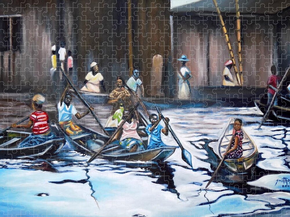 Blue.white Jigsaw Puzzle featuring the painting Ilaje Obalende Makoko by Olaoluwa Smith