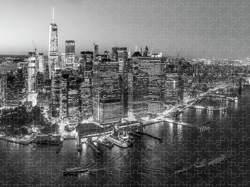 Aerial View Jigsaw Puzzle featuring the photograph Illuminated Lower Manhattan NYC BW by Susan Candelario