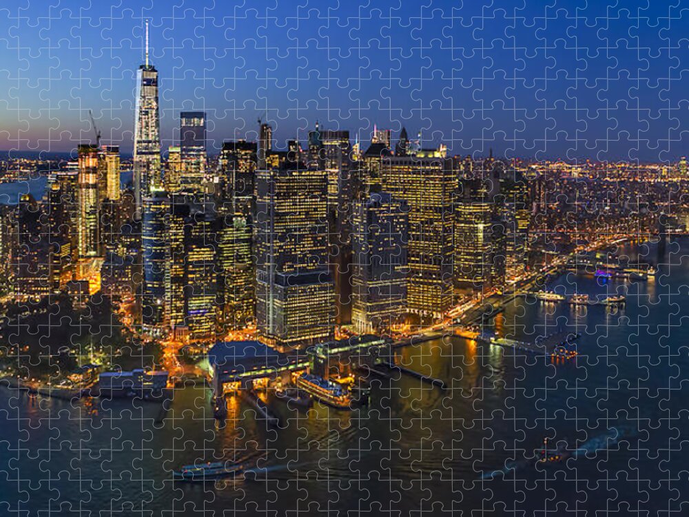 Aerial View Jigsaw Puzzle featuring the photograph Illuminated Lower Manhattan NYC by Susan Candelario