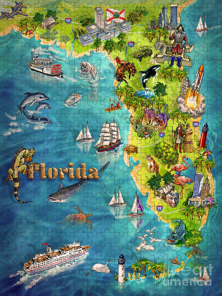 Castillo De San Marcos National Monument Jigsaw Puzzle featuring the painting Illustrated Map of Florida by Maria Rabinky