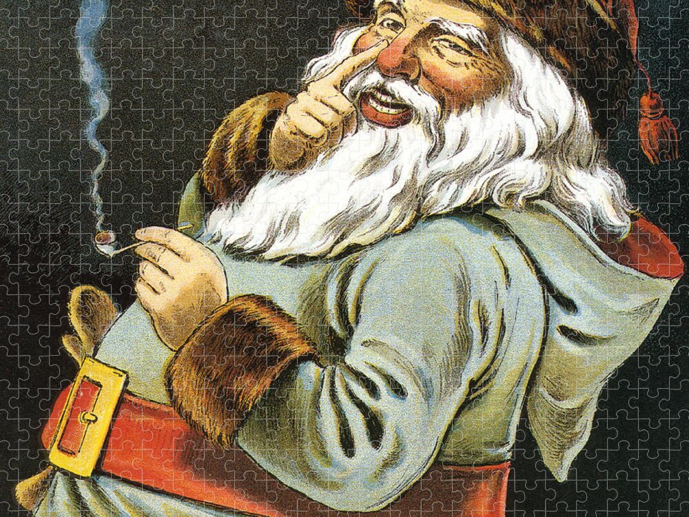 Christmas Jigsaw Puzzle featuring the painting Illustration of Santa Claus Smoking a Pipe by American School