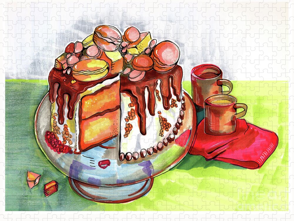 Dessert Jigsaw Puzzle featuring the drawing Illustration Of Winter Party Cake by Ariadna De Raadt