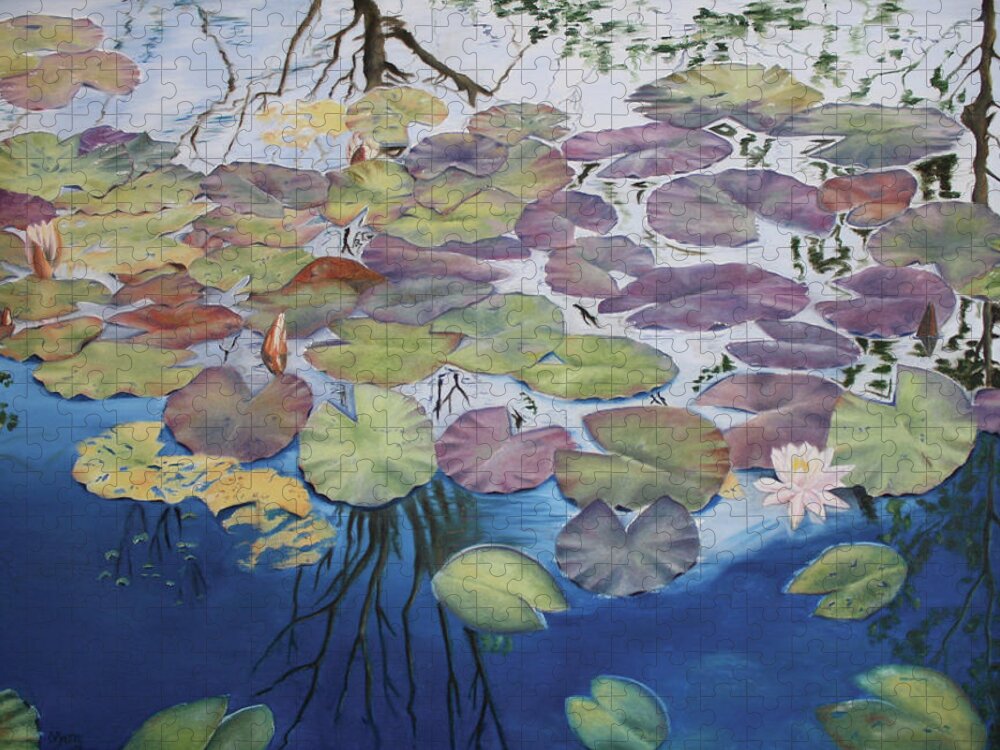 Waterlily Pond; Waterlily; Waterlily Blossom; Water; Serenity; Contemplation Jigsaw Puzzle featuring the photograph Bridged's Pond by Marg Wolf