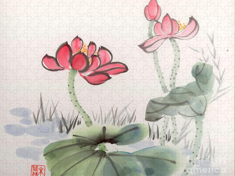 Lotus Jigsaw Puzzle featuring the painting In the Mist by Yolanda Koh