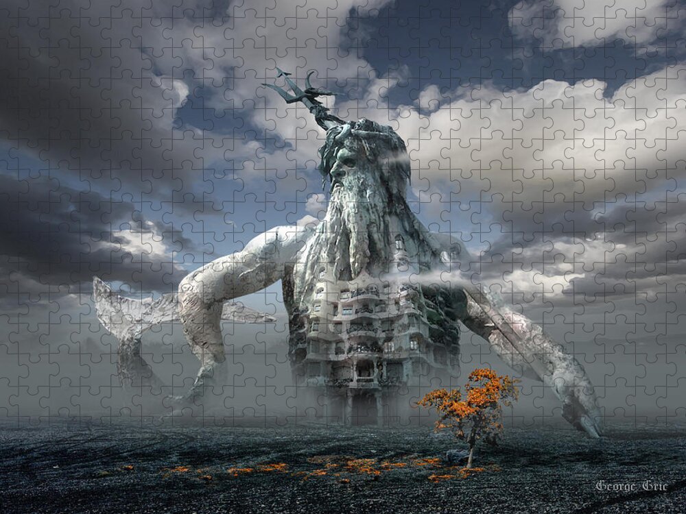 Poseidon God Greek Roman Sculpture Antonio Gaudi Modernism Contemporary Surrealism Building Allegorical Jigsaw Puzzle featuring the digital art Inadvertent Metamorphosis or King of my Castle by George Grie