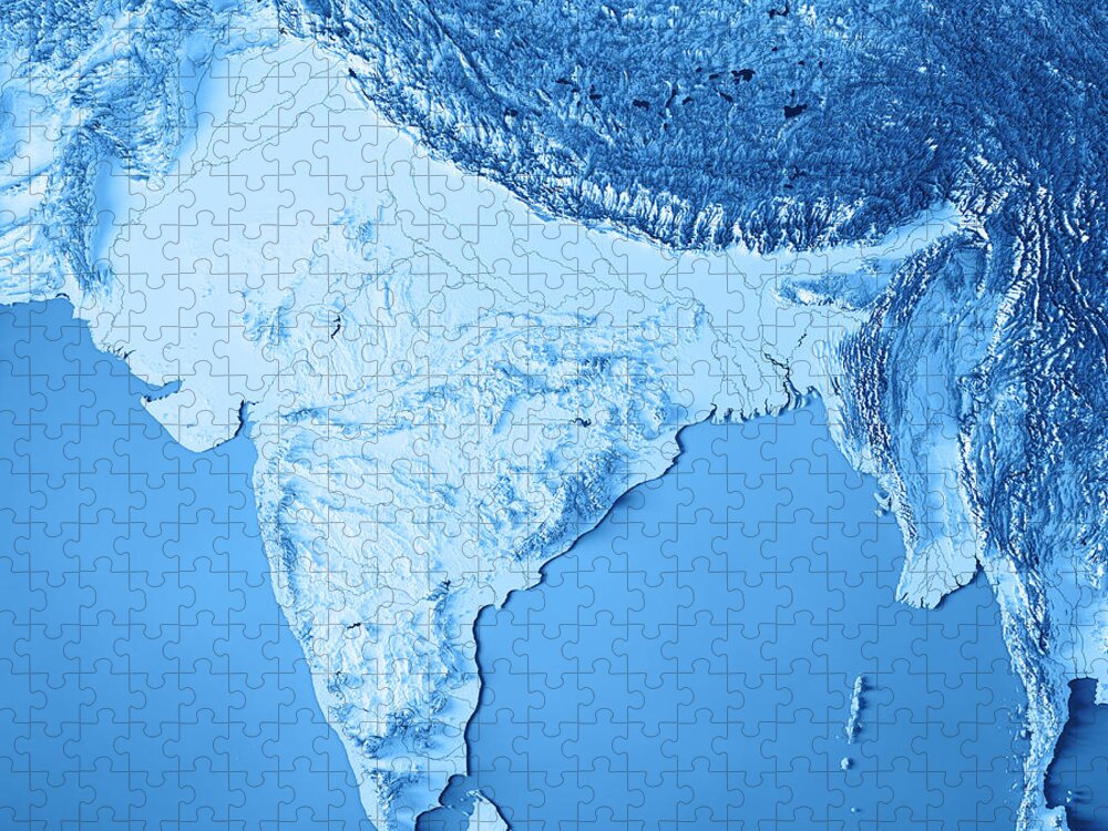 India: Indian Ocean Jigsaw Puzzle featuring the digital art India 3D Render Topographic Map Blue by Frank Ramspott