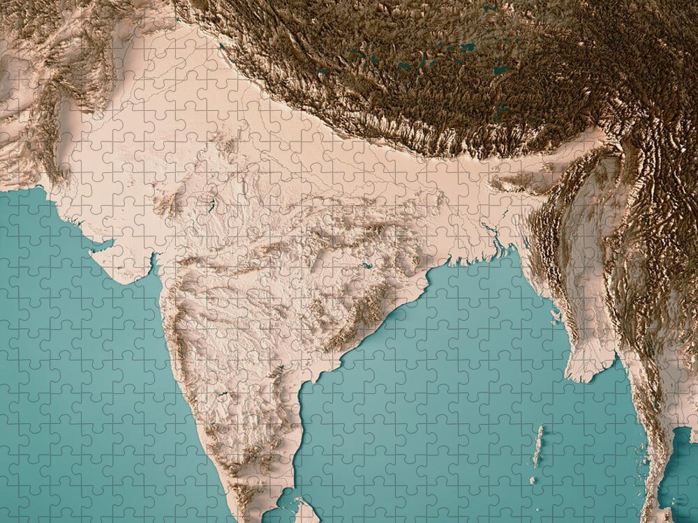India: Indian Ocean Jigsaw Puzzle featuring the digital art India 3D Render Topographic Map Neutral by Frank Ramspott