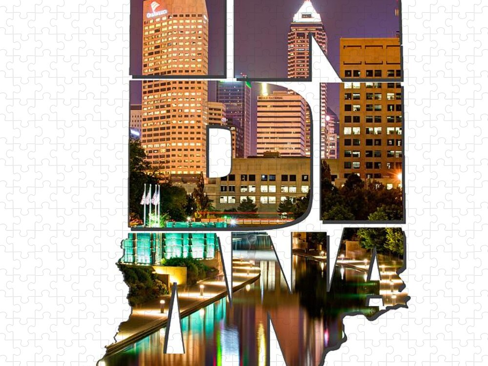 Typography Jigsaw Puzzle featuring the photograph Indiana Typography - Indianapolis Skyline - Canal Walk Bridge View by Gregory Ballos