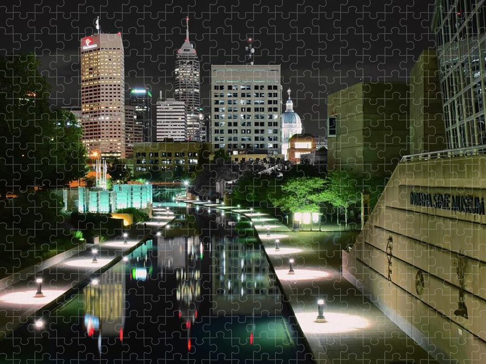 Indianapolis Jigsaw Puzzle featuring the photograph Indianapolis Canal Night View by Frozen in Time Fine Art Photography