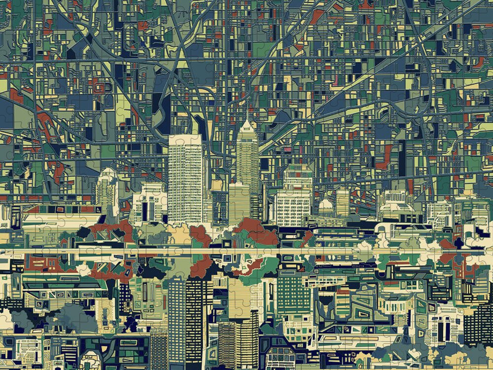 Indianapolis Jigsaw Puzzle featuring the painting Indianapolis Skyline Abstract 3 by Bekim M