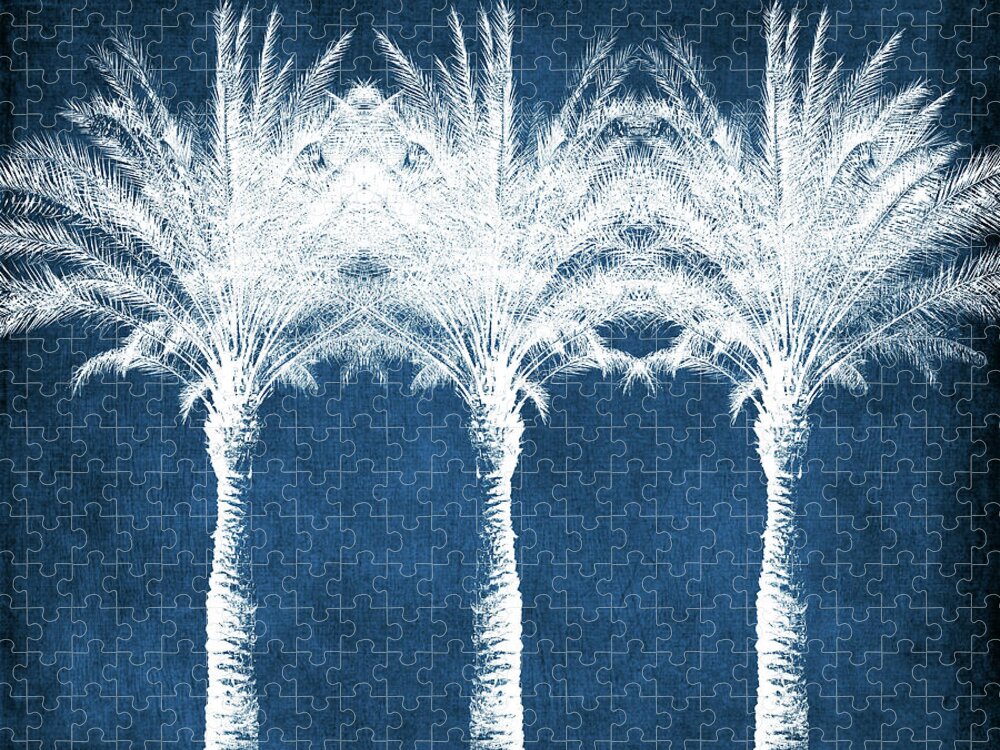 Palm Tree Jigsaw Puzzle featuring the mixed media Indigo And White Palm Trees- Art by Linda Woods by Linda Woods