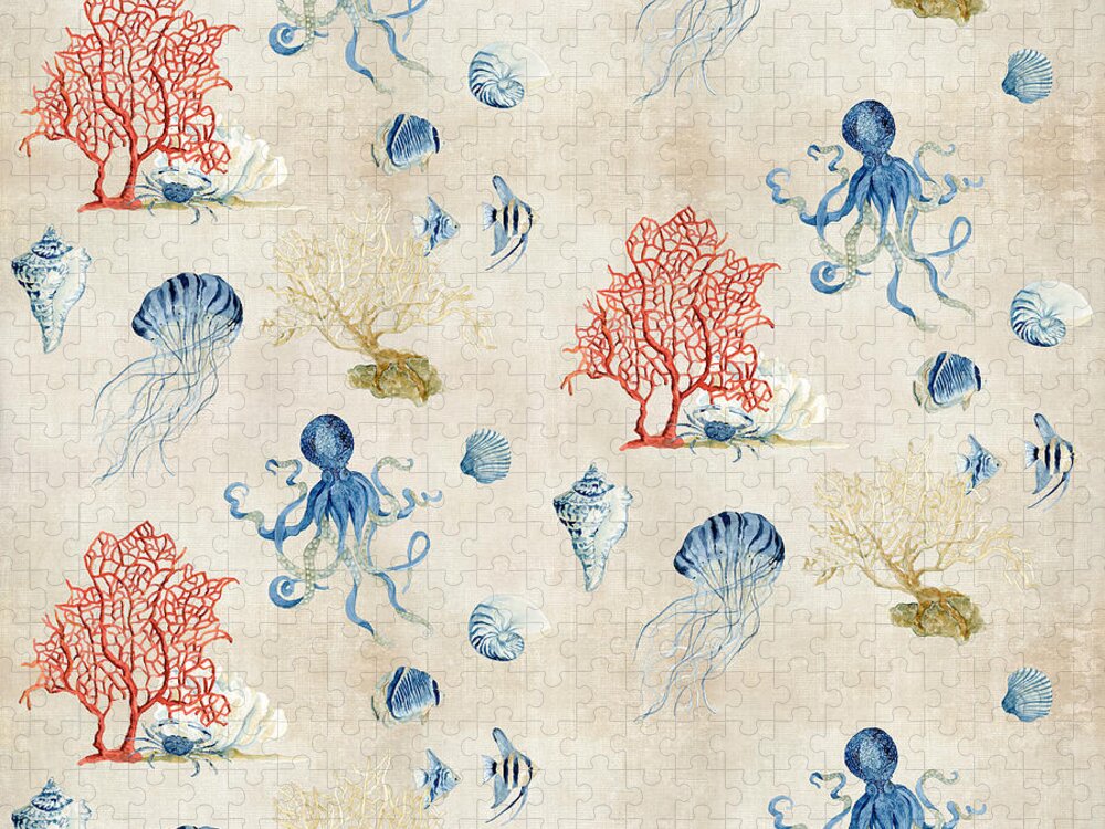 Octopus Jigsaw Puzzle featuring the painting Indigo Ocean - Red Coral Octopus Half Drop Pattern by Audrey Jeanne Roberts