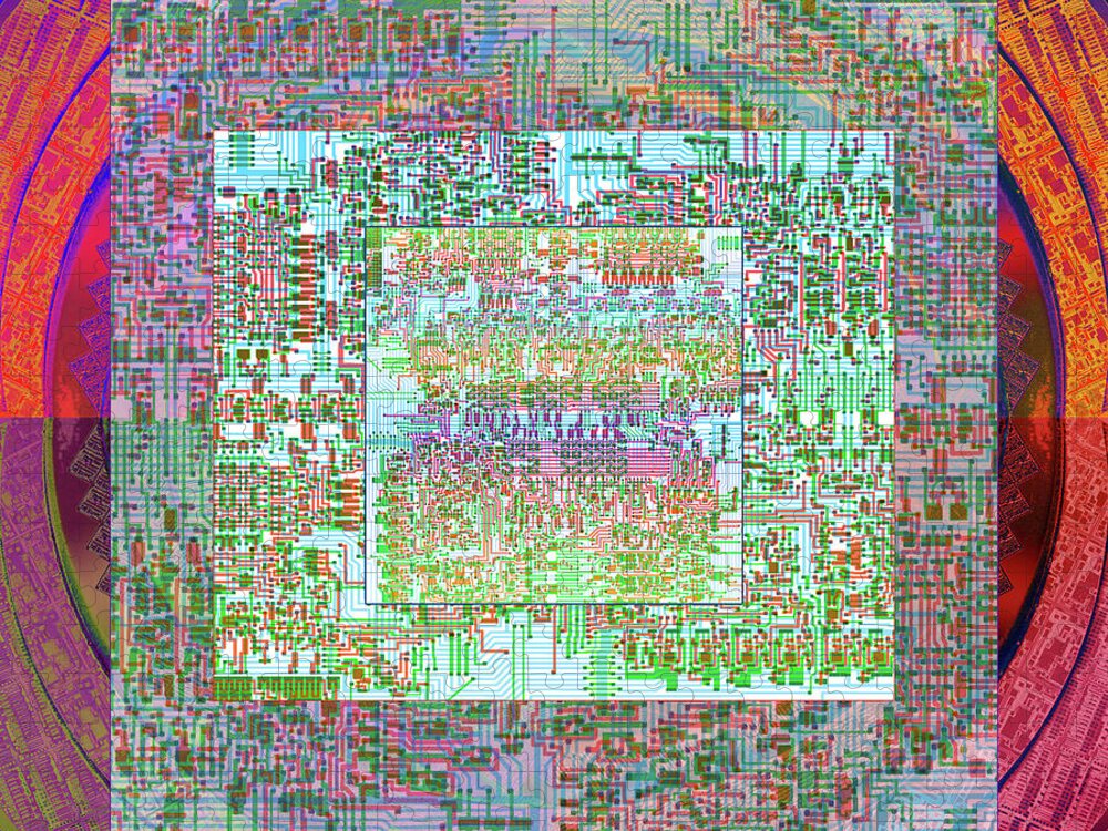 Intel Cpu Jigsaw Puzzle featuring the digital art Intel 4004 CPU Silicon Wafer computer Chip Integrated Circuit Mask Abstract, Composition 1 by Kathy Anselmo