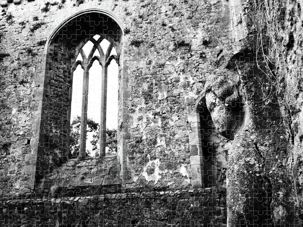 Athassel Jigsaw Puzzle featuring the photograph Ireland Athassel Priory Tipperary Medieval Ruins Profile of St Joseph Statue Gothic Window BW by Shawn O'Brien