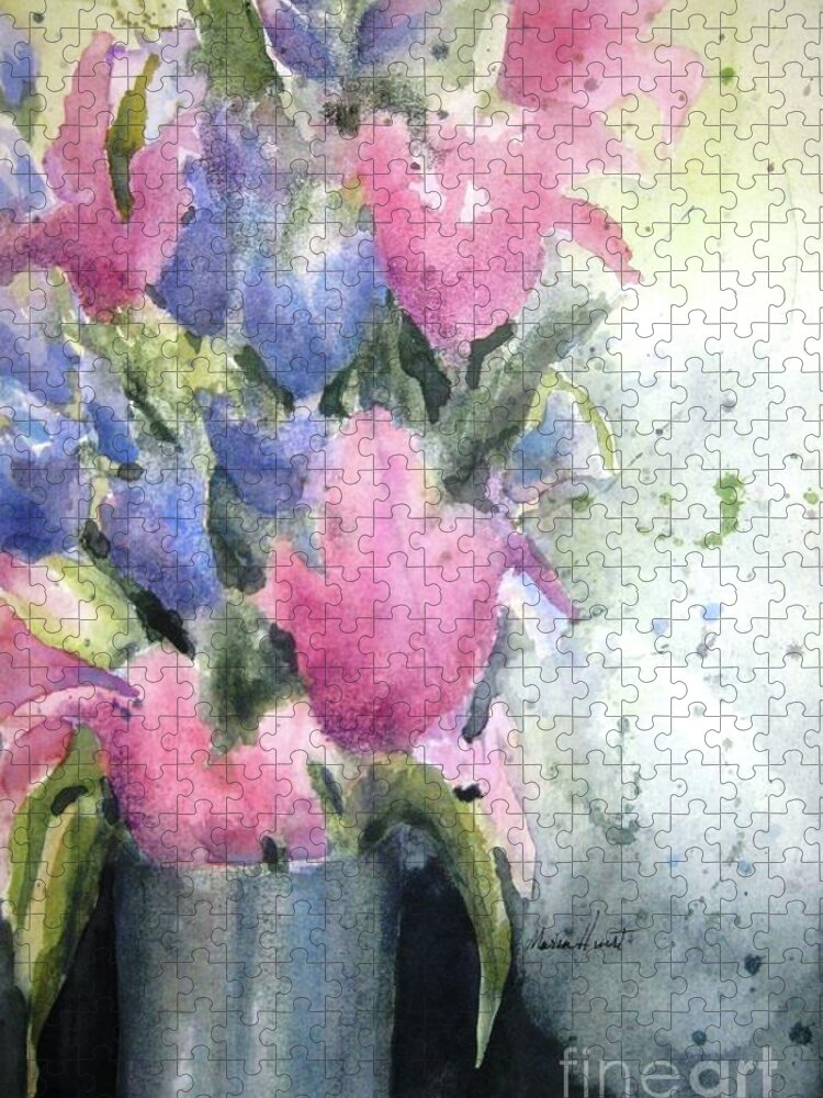 Tulips Jigsaw Puzzle featuring the painting Iris and Tulips - Fresh and Free by Maria Hunt