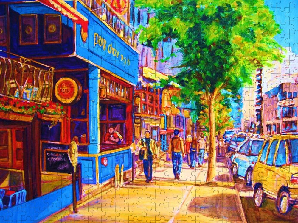 Irish Pub On Crescent Street Montreal Street Scenes Jigsaw Puzzle featuring the painting Irish Pub on Crescent Street by Carole Spandau