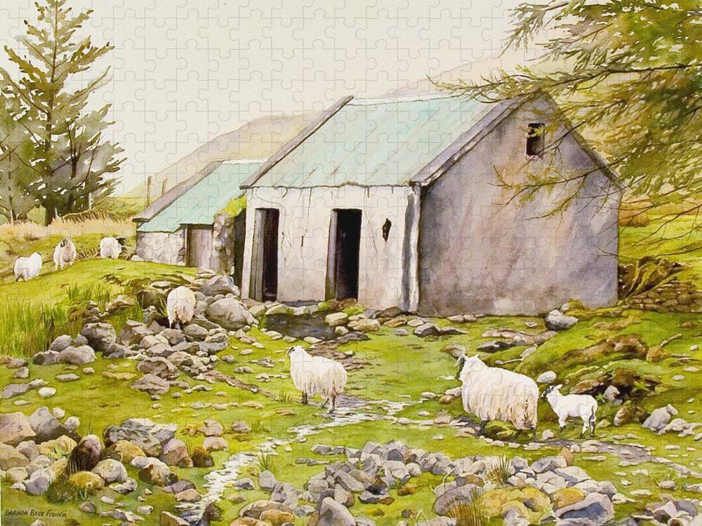 An Irish Farmer's Sheep Roam Free On The Property Near A Small Jigsaw Puzzle featuring the painting Irish Sheep Farm by Brenda Beck Fisher