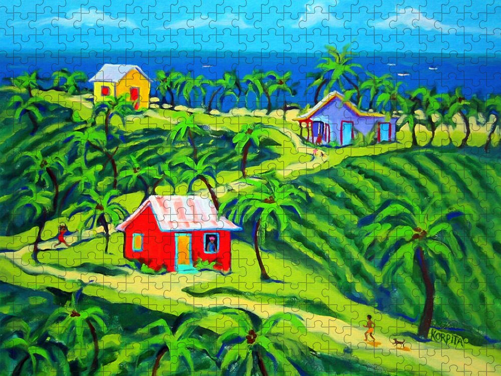 Colorful Houses Jigsaw Puzzle featuring the painting Island Time - Colorful Houses Caribbean Cottages by Rebecca Korpita