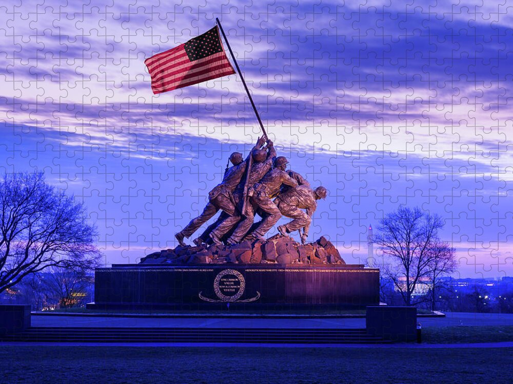 America Jigsaw Puzzle featuring the photograph Iwo Jima Memorial at dawn as sun rises by Steven Heap