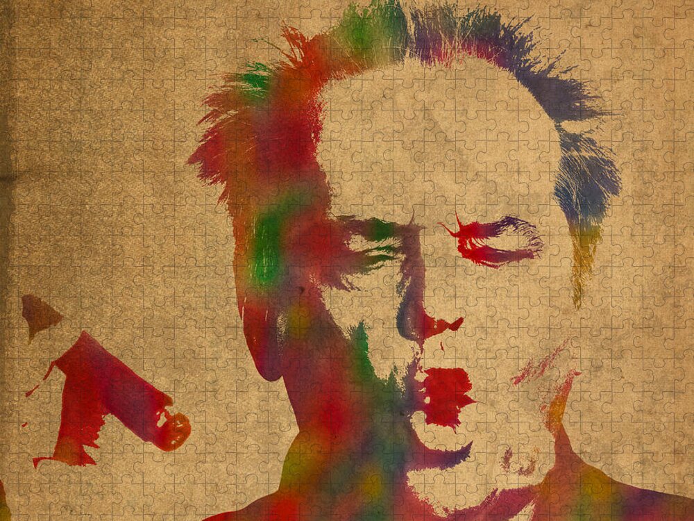 Jack Nicholson Jigsaw Puzzle featuring the mixed media Jack Nicholson Smoking a Cigar Blowing Smoke Ring Watercolor Portrait on Old Canvas by Design Turnpike