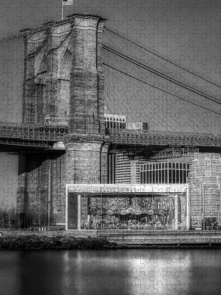 Brooklyn Bridge Jigsaw Puzzle featuring the photograph Jane's Carousel Brooklyn Bridge BW by Susan Candelario