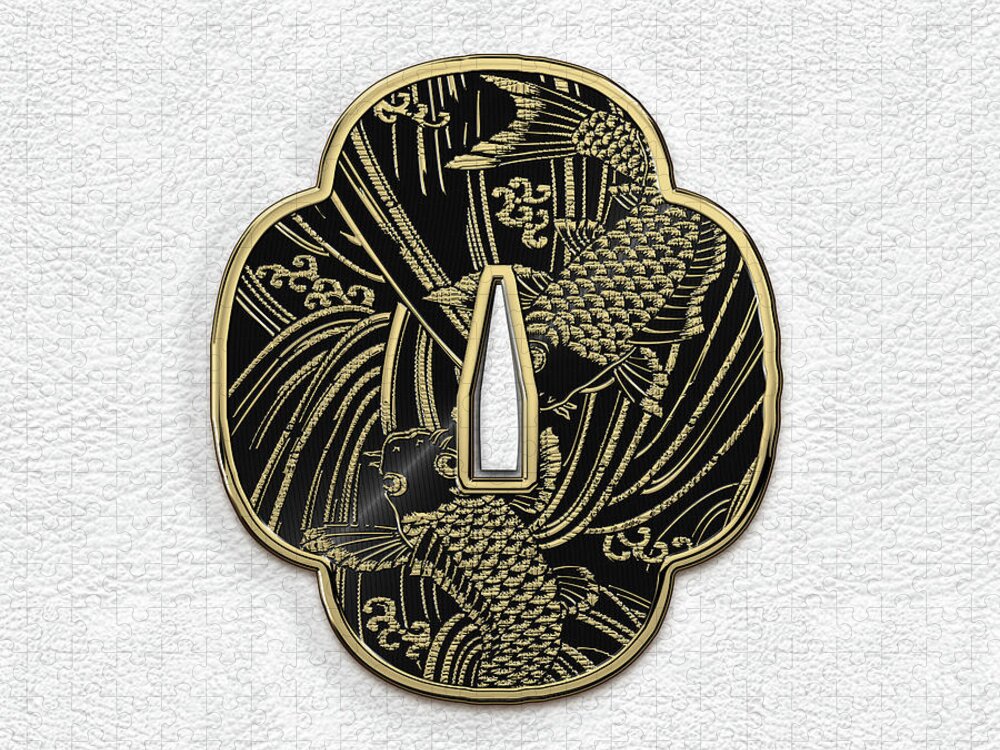 'treasures Of Japan' Collection By Serge Averbukh Jigsaw Puzzle featuring the digital art Japanese Katana Tsuba - Golden Twin Koi on Black Steel over White Leather by Serge Averbukh