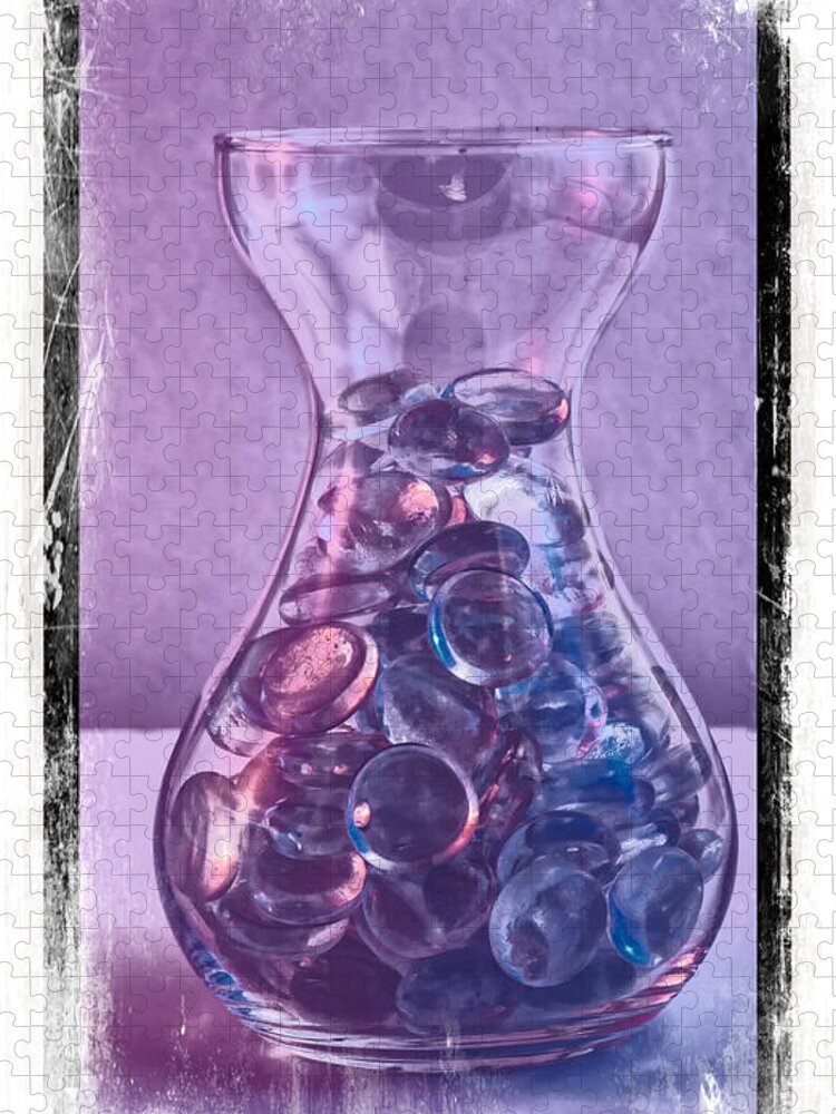 Pebble Jigsaw Puzzle featuring the photograph Jar of glass pebbles in hues of blue and purple. by John Paul Cullen