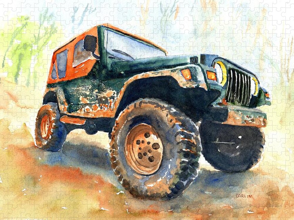 Jeep Jigsaw Puzzle featuring the painting Jeep Wrangler Watercolor by Carlin Blahnik CarlinArtWatercolor