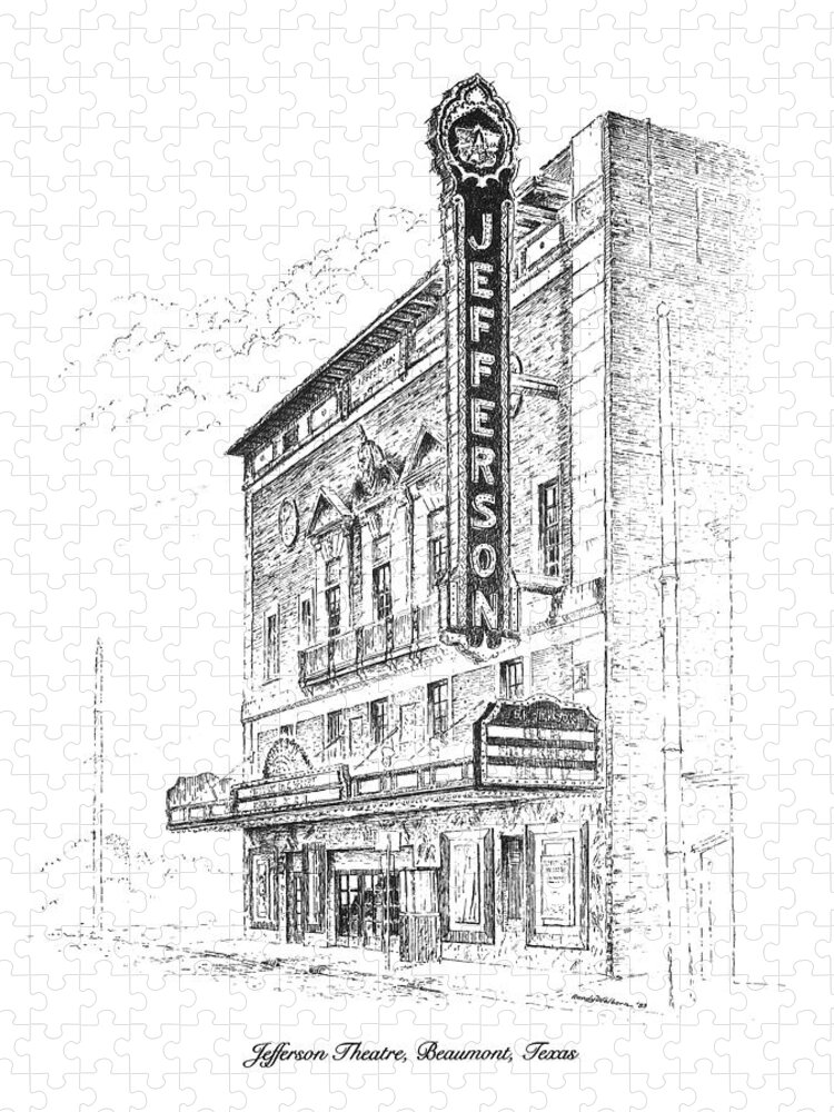 Jefferson Theatre Jigsaw Puzzle featuring the drawing Jefferson Theatre by Randy Welborn