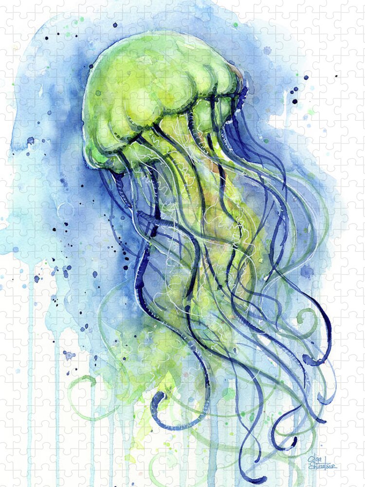 Watercolor Jellyfish Jigsaw Puzzle featuring the painting Jellyfish Watercolor by Olga Shvartsur