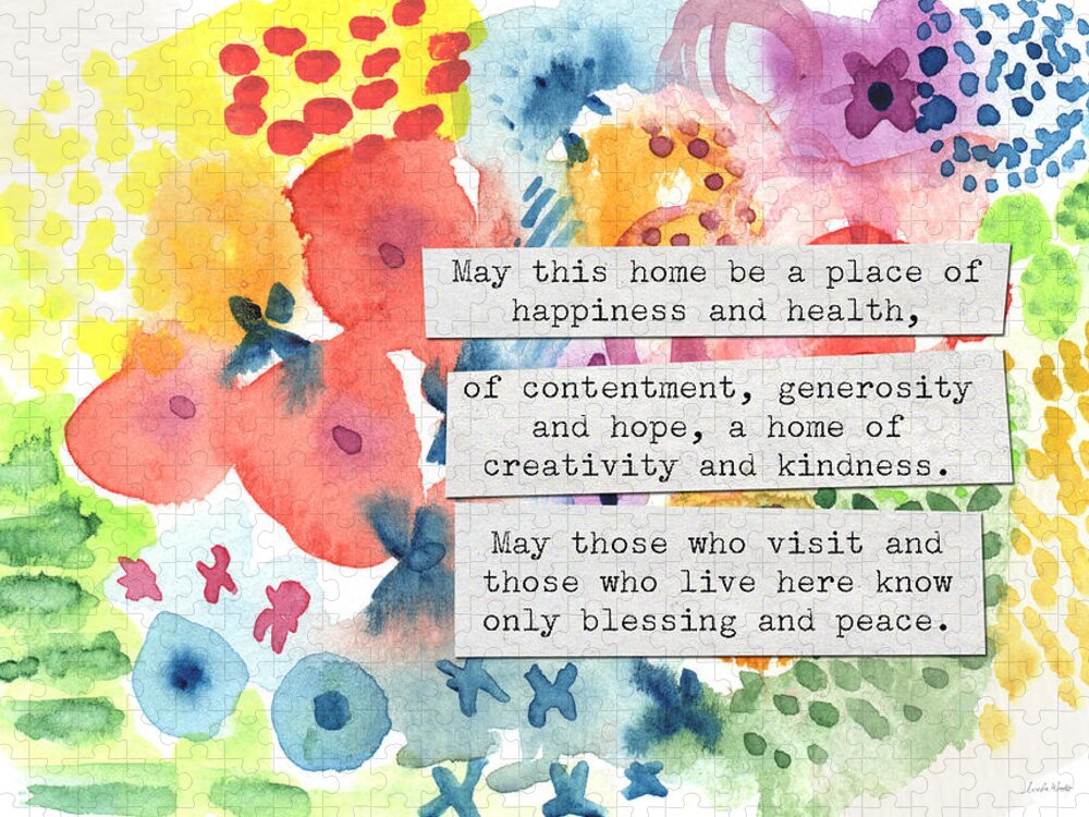 Home Blessing Jigsaw Puzzle featuring the painting Jewish Home Blessing- Floral Watercolor by Linda Woods