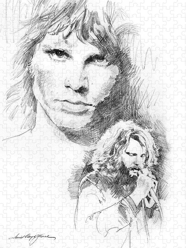 Pencil Jigsaw Puzzle featuring the drawing Jim Morrison Faces by David Lloyd Glover