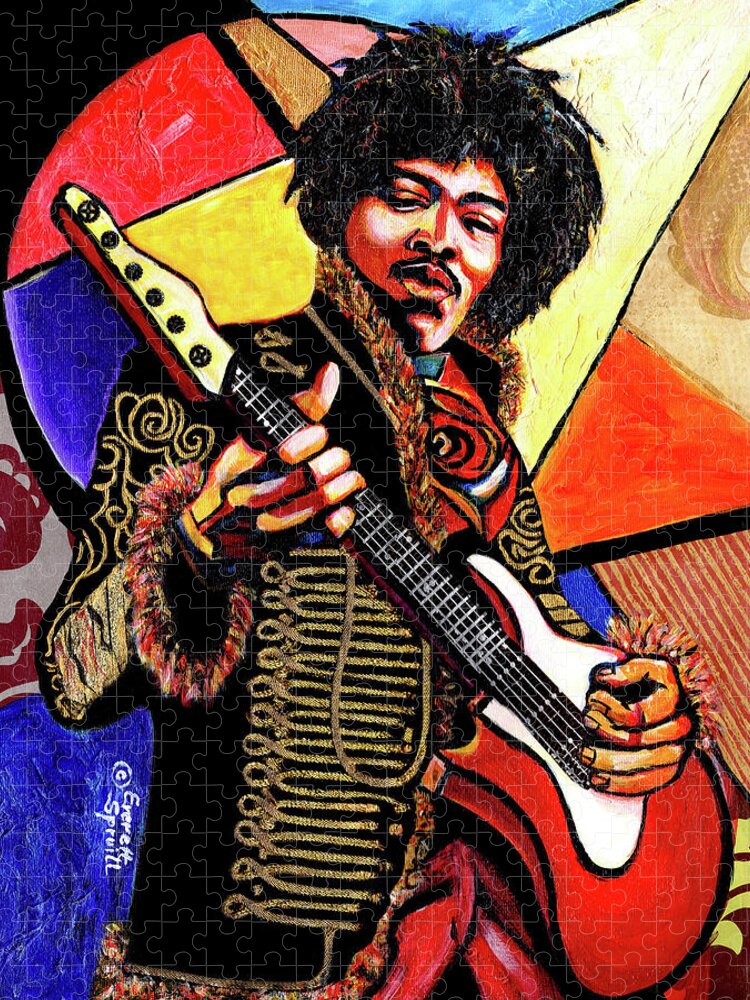Abstract Jigsaw Puzzle featuring the mixed media Jimi Hendrix by Everett Spruill