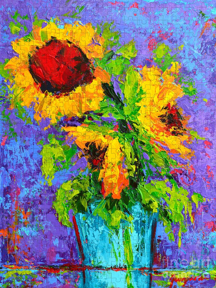 Gift Idea For Sunflower Lovers Jigsaw Puzzle featuring the painting Joyful Trio - Sunflowers Still Life - Modern Impressionistic Art - Palette Knife by Patricia Awapara