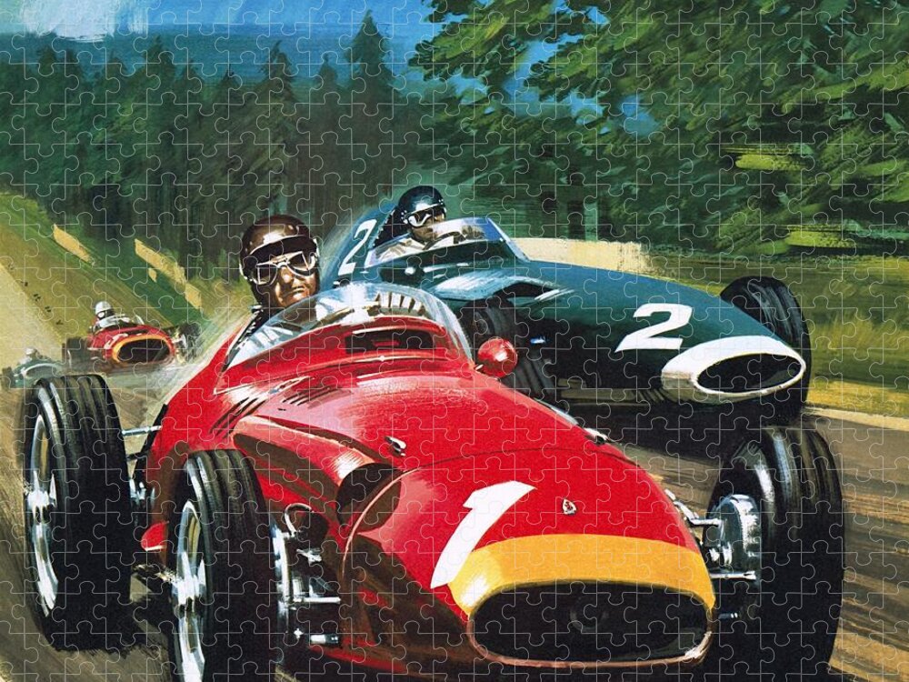 Juan Manuel Fangio; Car Racing; Maserati; Grand Prix Racing; Speed; Driving; Helmet Jigsaw Puzzle featuring the painting Juan Manuel Fangio by Wilf Hardy
