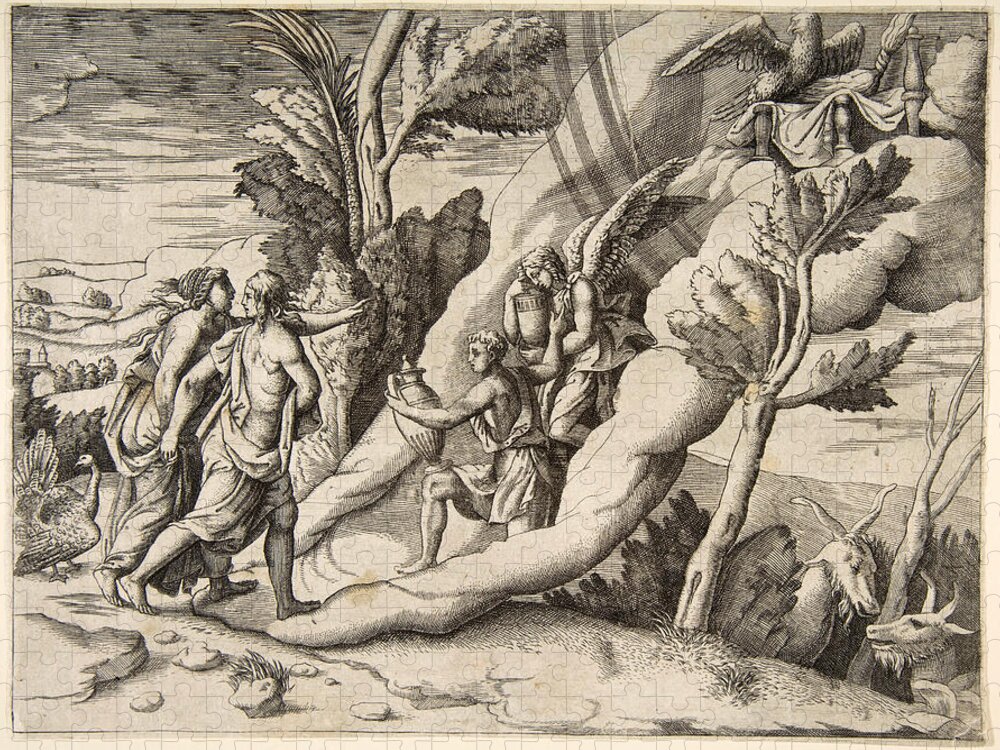 Giulio Bonasone Jigsaw Puzzle featuring the drawing Jupiter and Juno being received in the heavens by Ganymede and Hebe by Giulio Bonasone