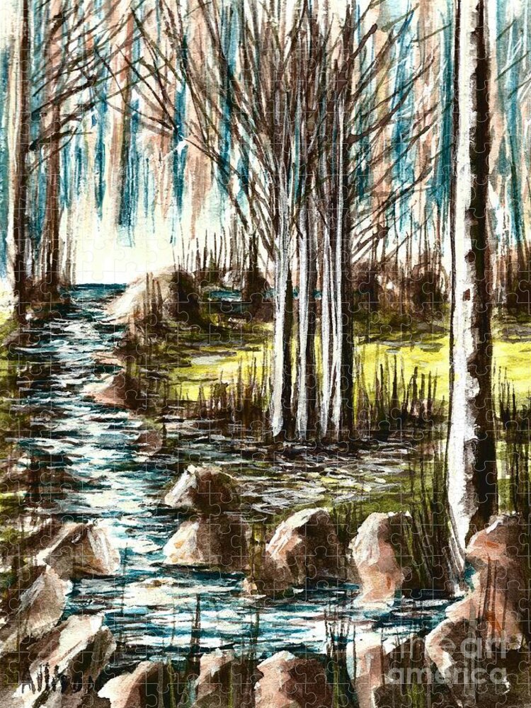 #forest #water #trees #rivers #landscapes #rocks #watercolors Jigsaw Puzzle featuring the painting Just Around the Riverbend by Allison Constantino