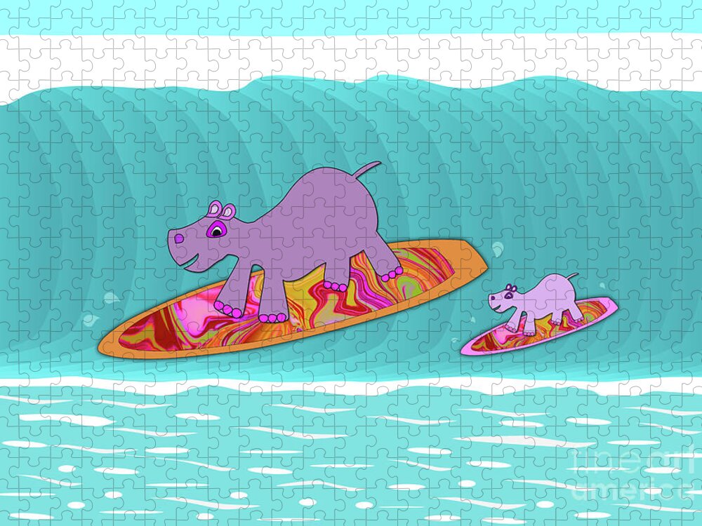 Hippo Jigsaw Puzzle featuring the digital art Hippos Surfing - Family Day Out by Barefoot Bodeez Art