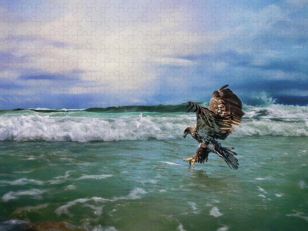 Jai Johnson Jigsaw Puzzle featuring the photograph Juvenile Eagle At Sea Wildlife Art by Jai Johnson