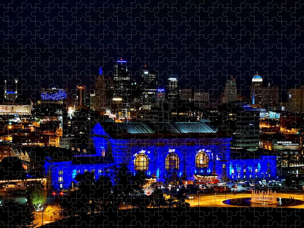 2015 Jigsaw Puzzle featuring the photograph Kansas City Skyline and Union Station During 2015 World Series by Alan Hutchins