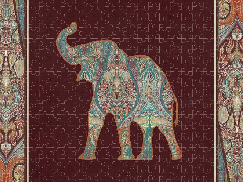 Rust Jigsaw Puzzle featuring the painting Kashmir Patterned Elephant 3 - Boho Tribal Home Decor by Audrey Jeanne Roberts