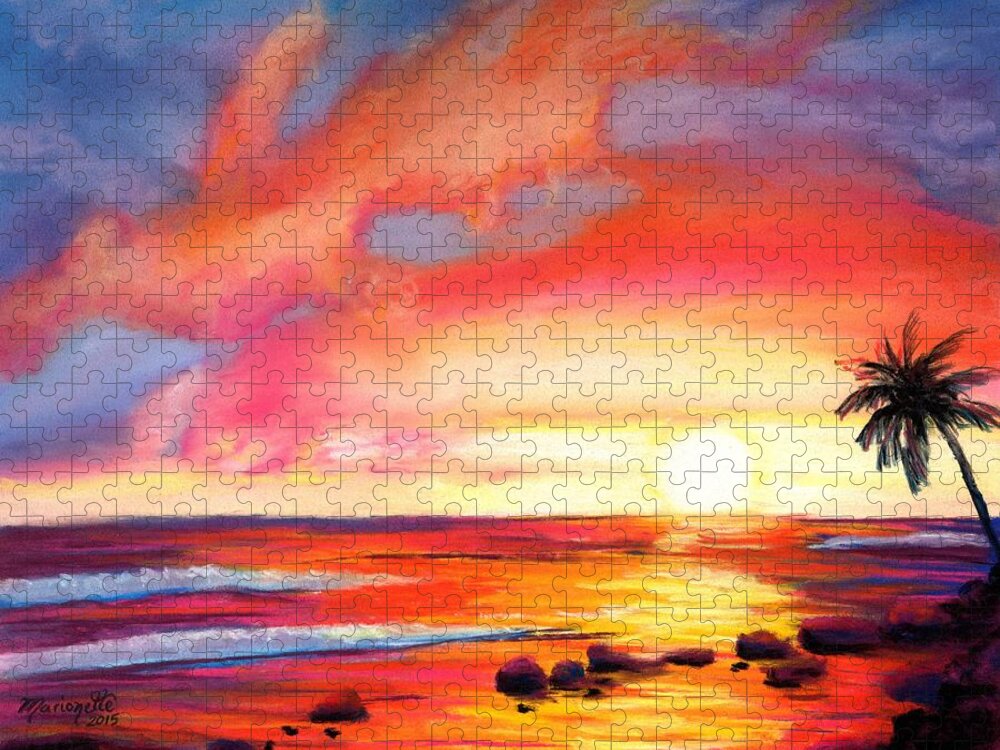 Hawaiian Sunset Jigsaw Puzzle featuring the painting Kauai West Side Sunset by Marionette Taboniar