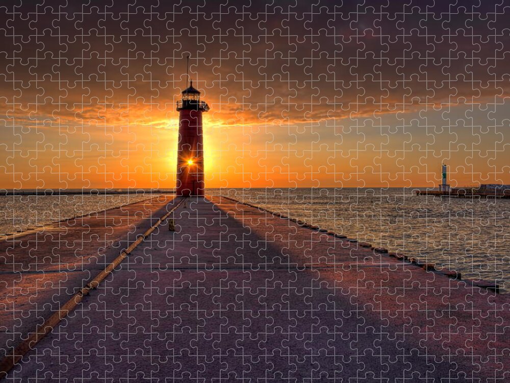 Lighthouse Jigsaw Puzzle featuring the photograph Kenosha Lighthouse Sunrise by Dale Kauzlaric