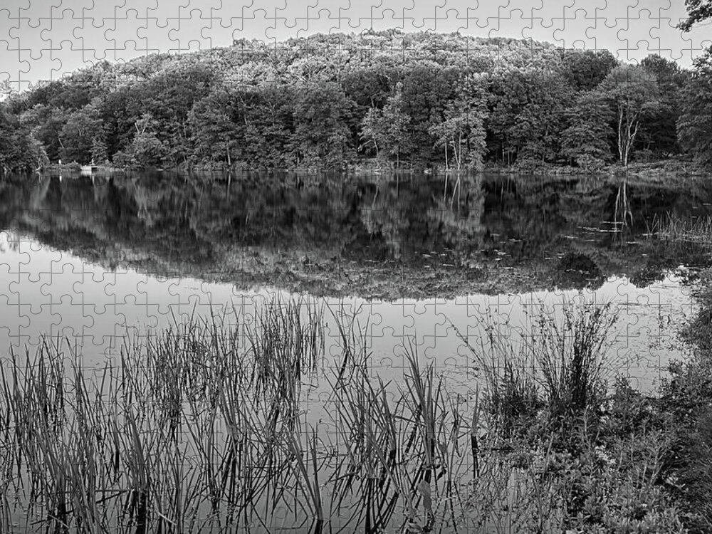 Haverhill Jigsaw Puzzle featuring the photograph Kenoza Lake Reflection Haverhill MA Black and White by Toby McGuire
