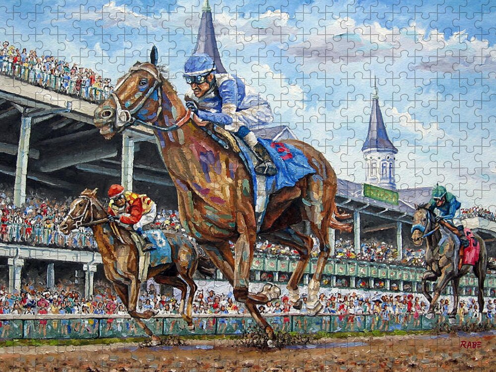 Kentucky Derby Jigsaw Puzzle featuring the painting Kentucky Derby - Horse Racing Art by Mike Rabe