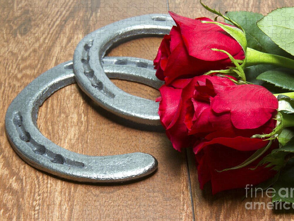 Kentucky Derby Jigsaw Puzzle featuring the photograph Kentucky Derby Red Roses with Horseshoes on Wood by Karen Foley