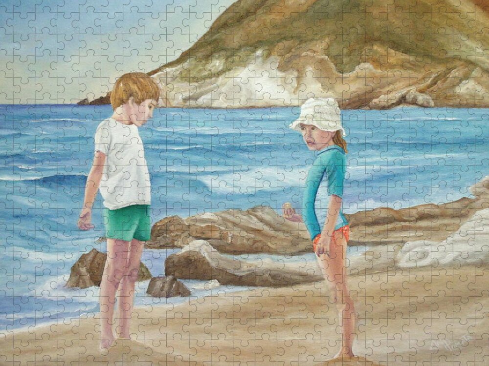 Kids Jigsaw Puzzle featuring the painting Kids Collecting Marine Shells by Angeles M Pomata