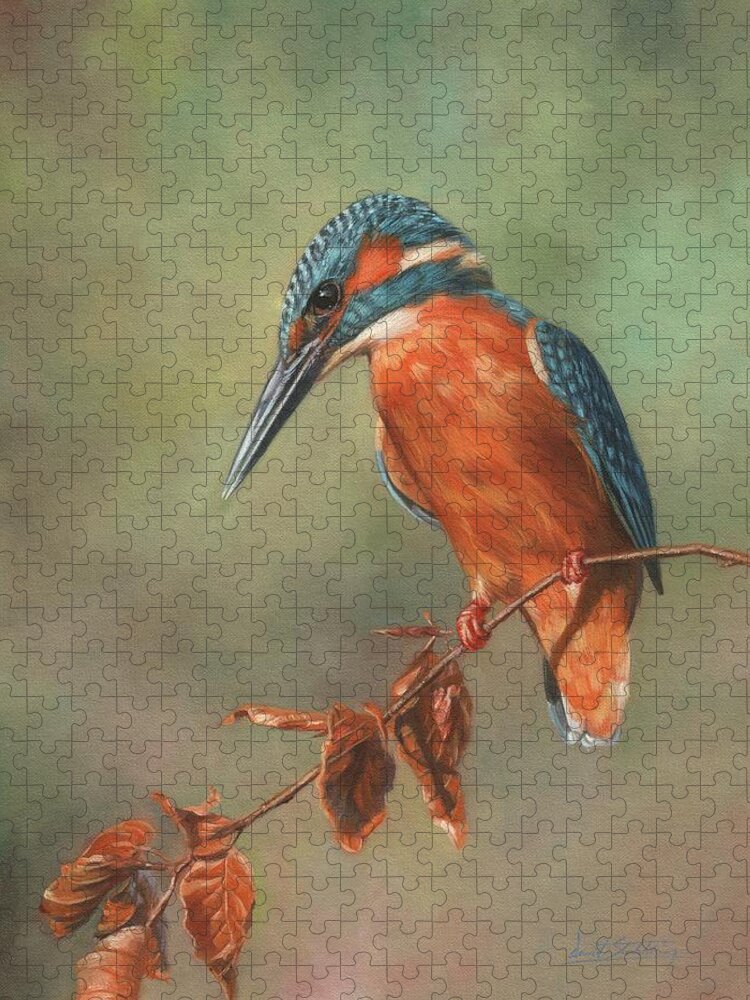 Kingfisher Jigsaw Puzzle featuring the painting Kingfisher Perched by David Stribbling