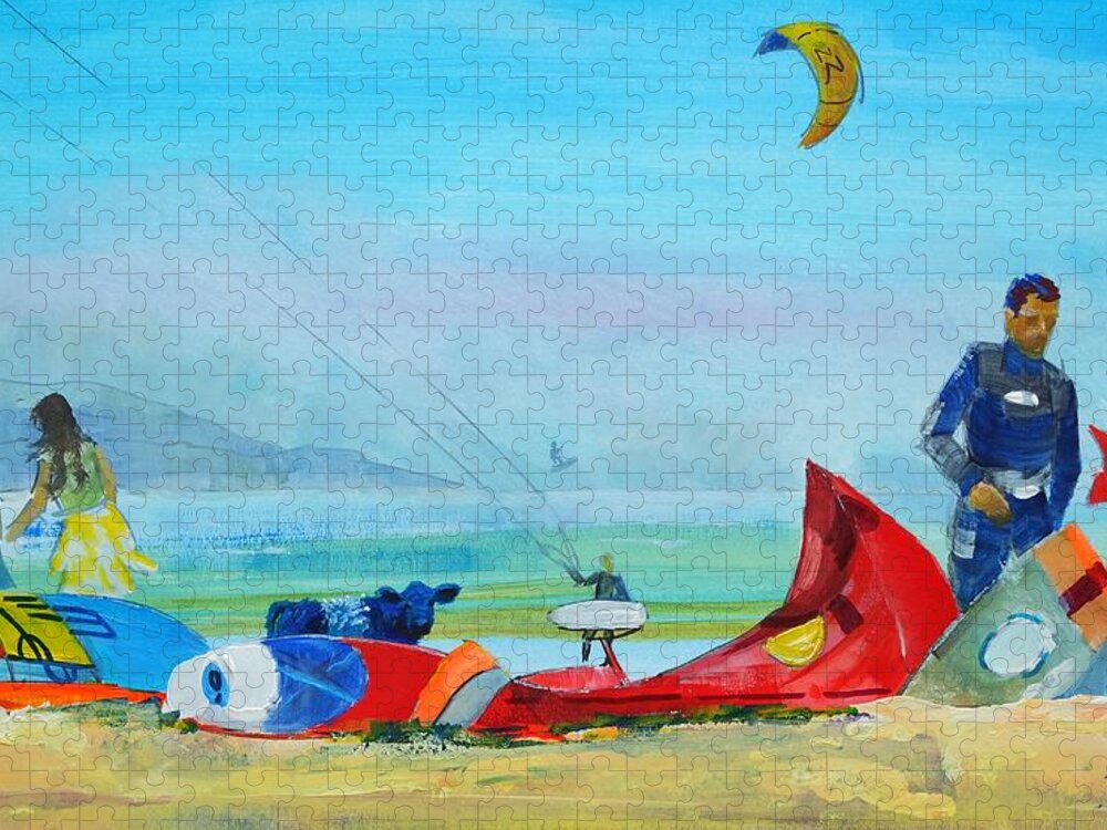 Kite Surfing Jigsaw Puzzle featuring the mixed media Kite surfing at Exmouth by Mike Jory