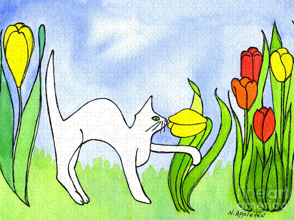 Cat Jigsaw Puzzle featuring the painting Kitty Sniffing Tulips by Norma Appleton